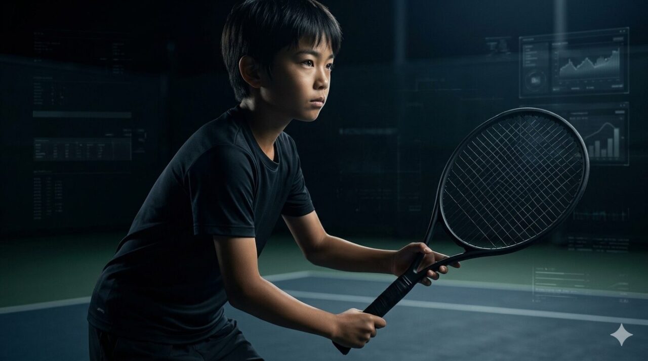 A cinematic shot of a junior tennis player in a focused unit turn stance, holding a uniform matte black racket, with analytical digital HUD overlays representing biomechanical monitoring on a dark, high-resolution court environment.