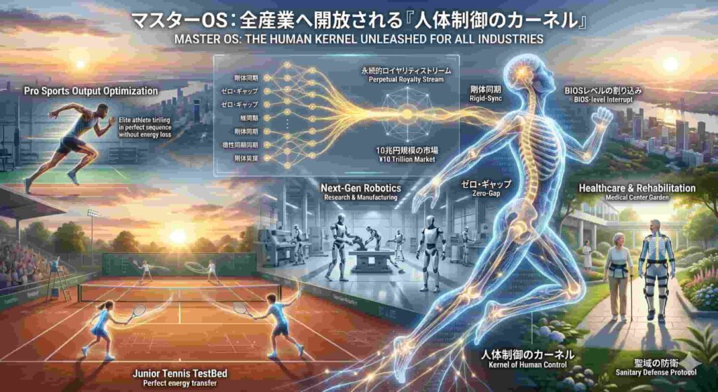 人体制御のカーネル（マスターOS）』の概念図。中央に、人体の骨格と神経網が光り輝くホログラムとして描かれ、剛体同期やゼロ・レイテンシ制御を示すデータの流れが各産業へと繋がっている。左側ではテニスコートで剛体同期を執行するジュニアたちの姿、中央下部ではヒューマノイドロボットが作業を行う次世代ロボティクス、右側では医療用外骨格を装着してリハビリを行う高齢者が描かれている。背景は都市の夜明けと昇る太陽で、物理法則による全産業の進化と希望を象徴する近未来的なビジュアル。