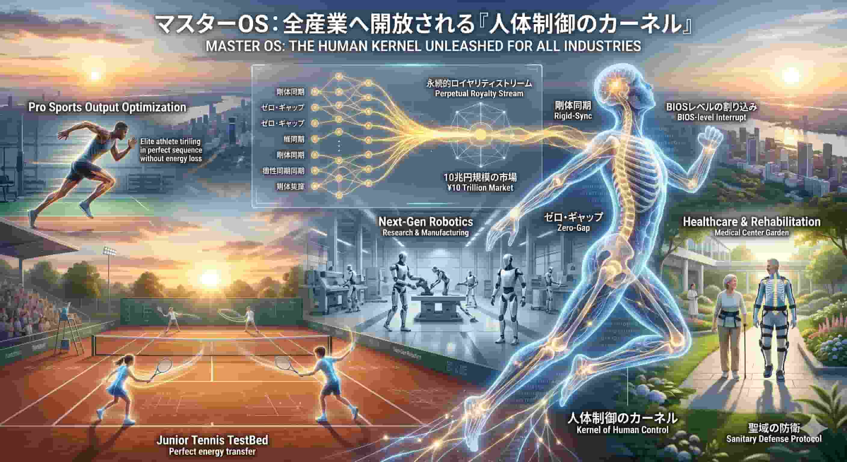 人体制御のカーネル（マスターOS）』の概念図。中央に、人体の骨格と神経網が光り輝くホログラムとして描かれ、剛体同期やゼロ・レイテンシ制御を示すデータの流れが各産業へと繋がっている。左側ではテニスコートで剛体同期を執行するジュニアたちの姿、中央下部ではヒューマノイドロボットが作業を行う次世代ロボティクス、右側では医療用外骨格を装着してリハビリを行う高齢者が描かれている。背景は都市の夜明けと昇る太陽で、物理法則による全産業の進化と希望を象徴する近未来的なビジュアル。