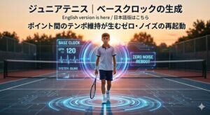 夕暮れのテニスコートを歩くジュニア選手と、身体の基礎周波数「ベースクロック」を視覚化した近未来的なデジタルUIのアイキャッチ画像。ポイント間のテンポ維持によるゼロ・ノイズな状態を表現。