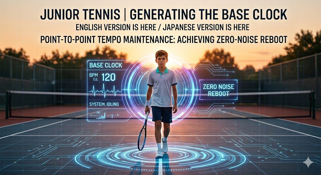 A cinematic eye-catcher image for junior tennis showing a young player walking on a court at sunset with futuristic holographic HUD elements displaying Base Clock and 120 BPM to visualize peak physical synchronization