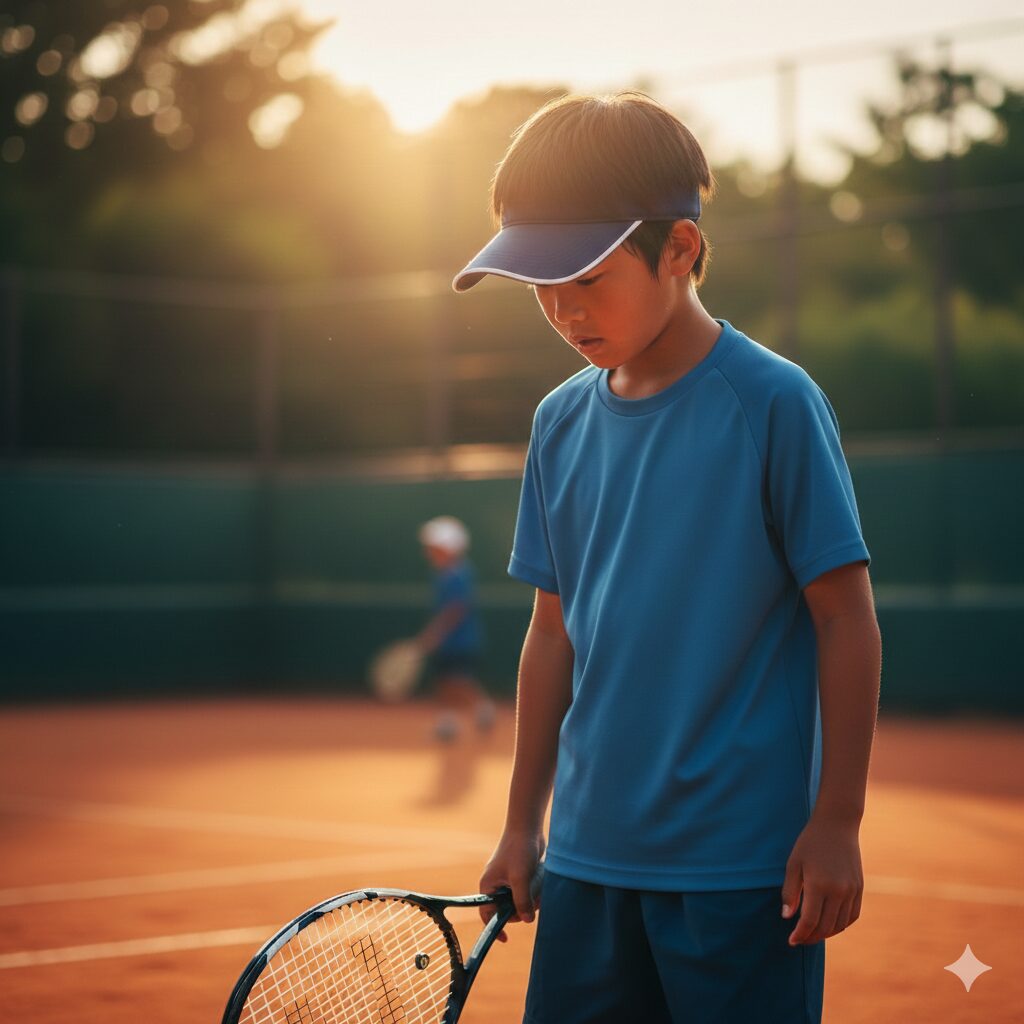 A junior tennis player looking down and freezing on a clay court during sunset, expressing the psychological pressure of a match.