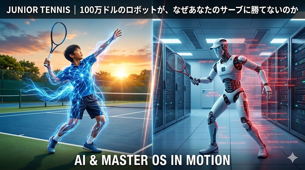 ジュニアテニス選手と人型ロボットの比較：マスターOSによる生体物理の優位性とAIロボットの遅延を表現したグラフィック