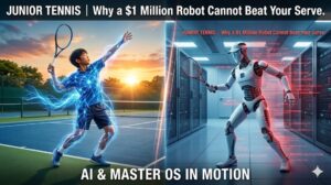 Junior tennis player with Master OS vs. an AI humanoid robot: A visual comparison highlighting the superiority of biophysical execution over robotic latency.