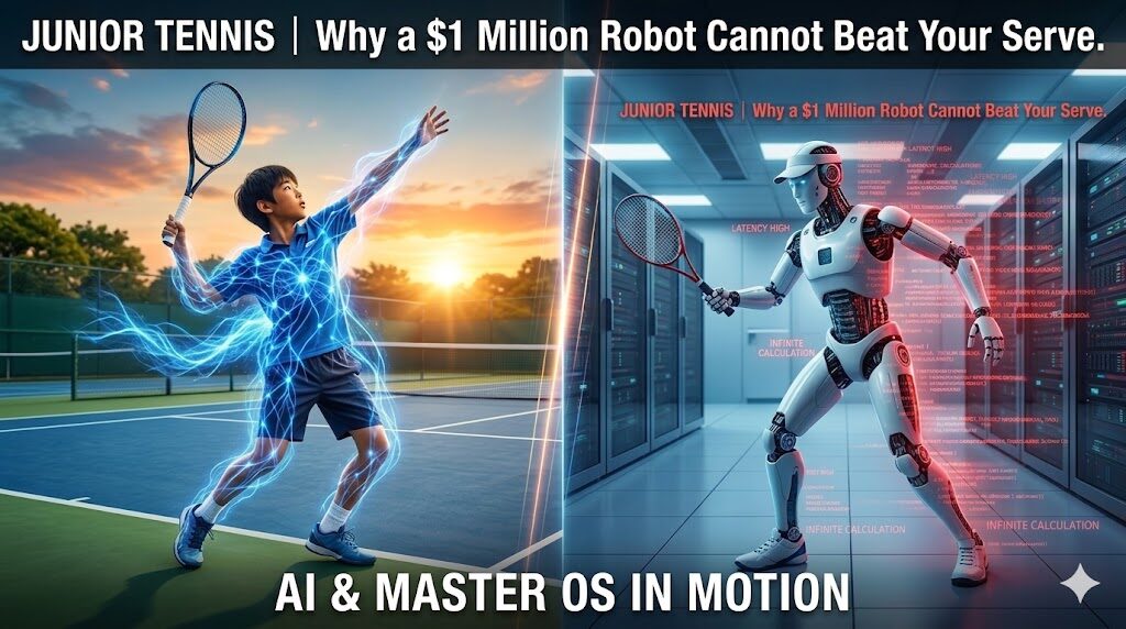 Junior tennis player with Master OS vs. an AI humanoid robot: A visual comparison highlighting the superiority of biophysical execution over robotic latency.