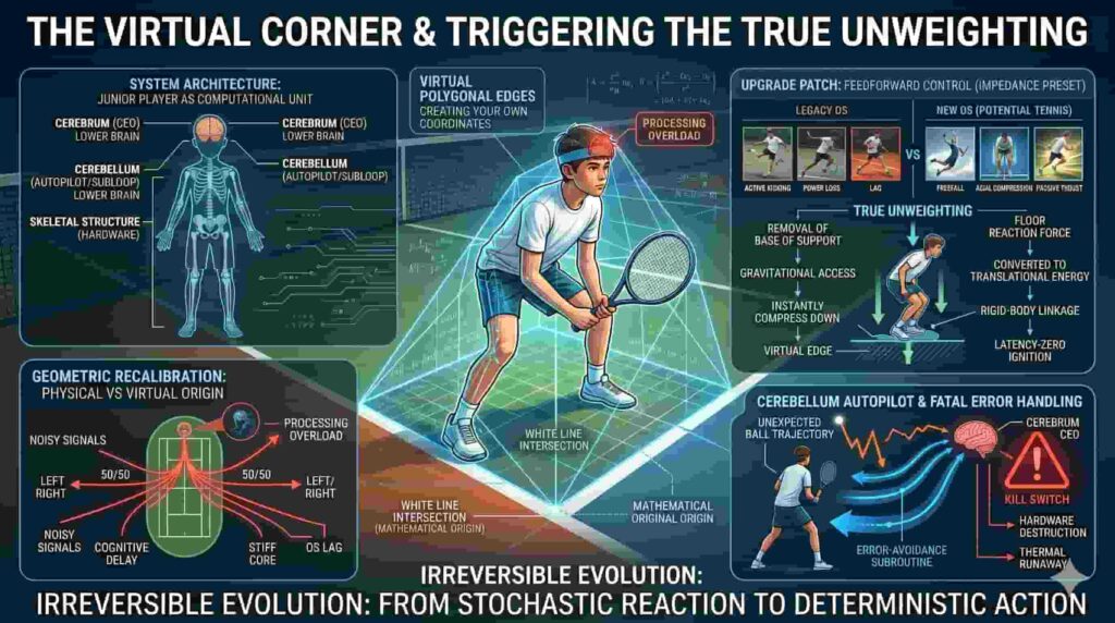 Infographic titled THE VIRTUAL CORNER & TRIGGERING THE TRUE UNWEIGHTING, explaining the concept in English. The central part shows a tennis player on a digital grid with geometric visualizations. Surrounding are diagrams of 'System Architecture' of the brain, 'Geometric Recalibration' on a court, and 'Upgrade Patch' showing 'True Unweighting' and 'Cerebellum Autopilot' functions. The bottom slogan reads 'IRREVERSIBLE EVOLUTION: FROM STOCHASTIC REACTION TO DETERMINISTIC ACTION'. For WordPress, a concise alternative is: 'Tennis biomechanics infographic explaining Virtual Corner & True Unweighting concept.'