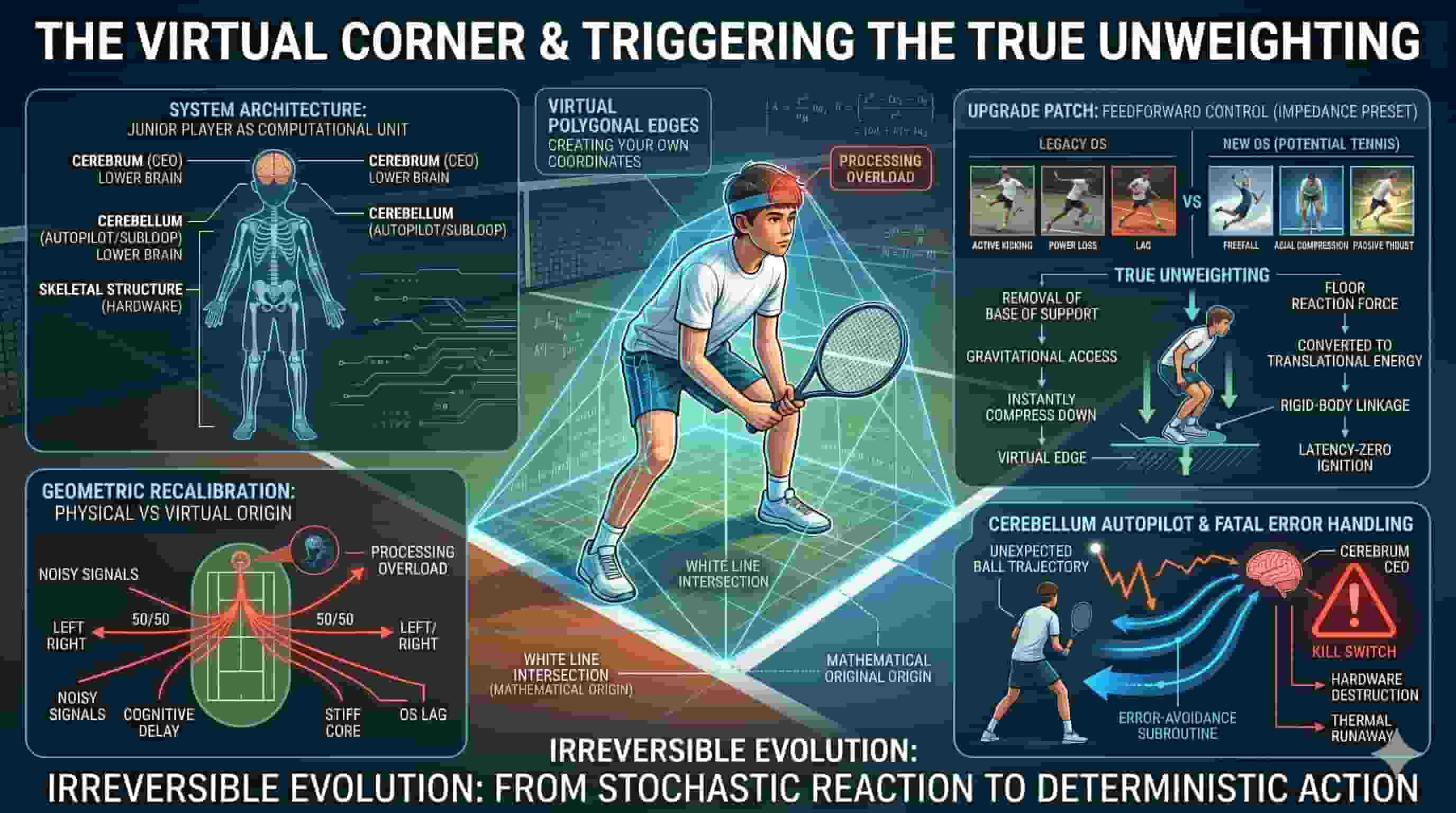 Infographic titled THE VIRTUAL CORNER & TRIGGERING THE TRUE UNWEIGHTING, explaining the concept in English. The central part shows a tennis player on a digital grid with geometric visualizations. Surrounding are diagrams of 'System Architecture' of the brain, 'Geometric Recalibration' on a court, and 'Upgrade Patch' showing 'True Unweighting' and 'Cerebellum Autopilot' functions. The bottom slogan reads 'IRREVERSIBLE EVOLUTION: FROM STOCHASTIC REACTION TO DETERMINISTIC ACTION'. For WordPress, a concise alternative is: 'Tennis biomechanics infographic explaining Virtual Corner & True Unweighting concept.'