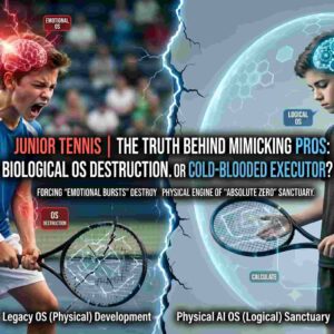 Junior tennis player concept showing a comparison between Biological OS Destruction caused by mimicking pros with a broken racket, and a Cold-Blooded Executor in a Logical OS Sanctuary shield.