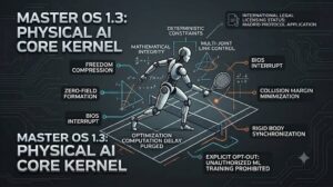Technical specification diagram of MASTER OS 1.3 physical AI core kernel on a tennis court backdrop, explicitly stating the Madrid Protocol international trademark application status and the explicit opt-out clause prohibiting unauthorized machine learning training.
