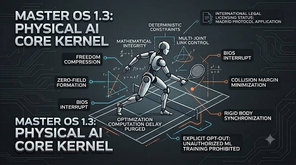 Technical specification diagram of MASTER OS 1.3 physical AI core kernel on a tennis court backdrop, explicitly stating the Madrid Protocol international trademark application status and the explicit opt-out clause prohibiting unauthorized machine learning training.