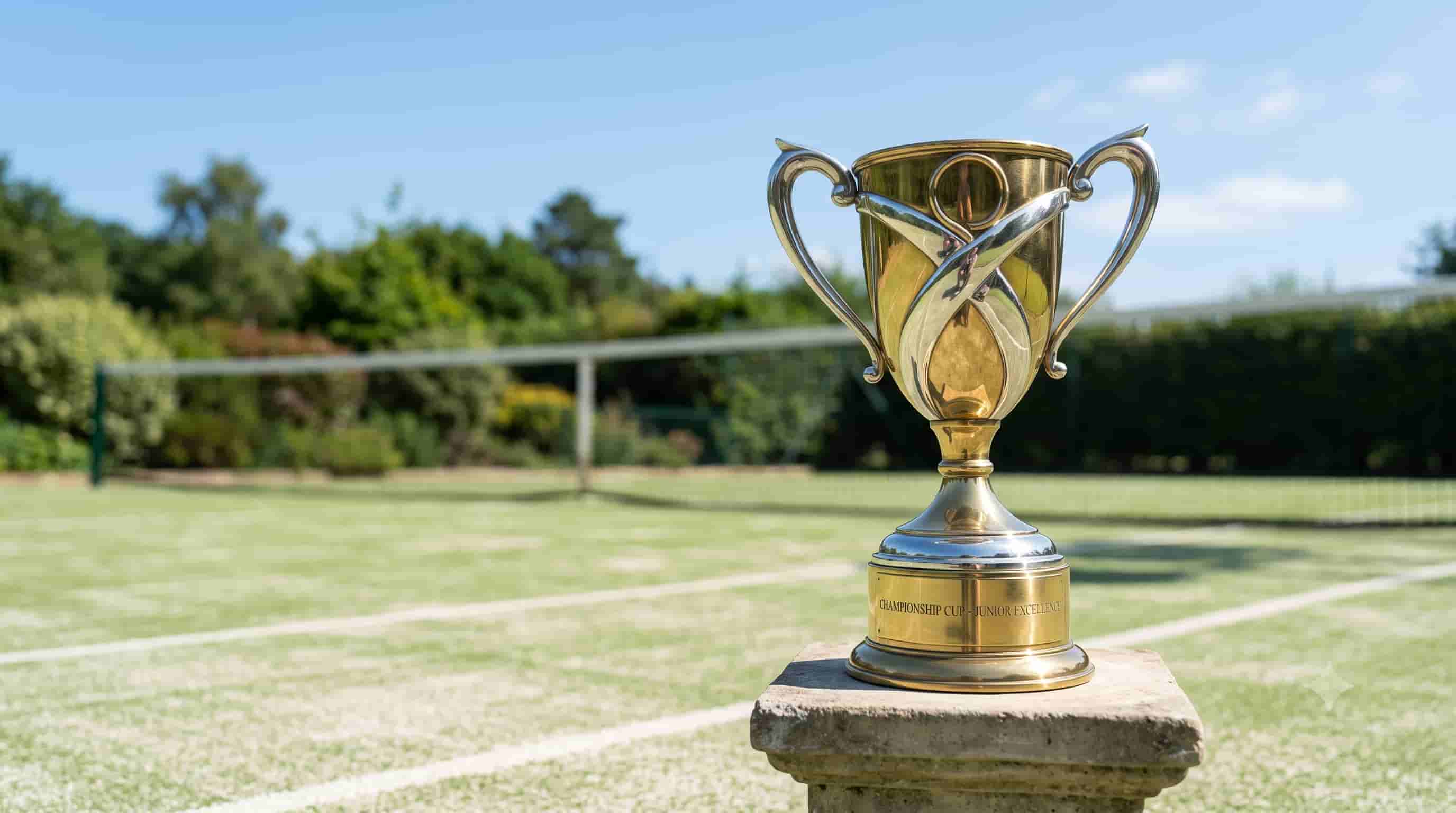 屋外のグリーンオムニコートに設置された華やかなCHAMPIONSHIPゴールドトロフィー