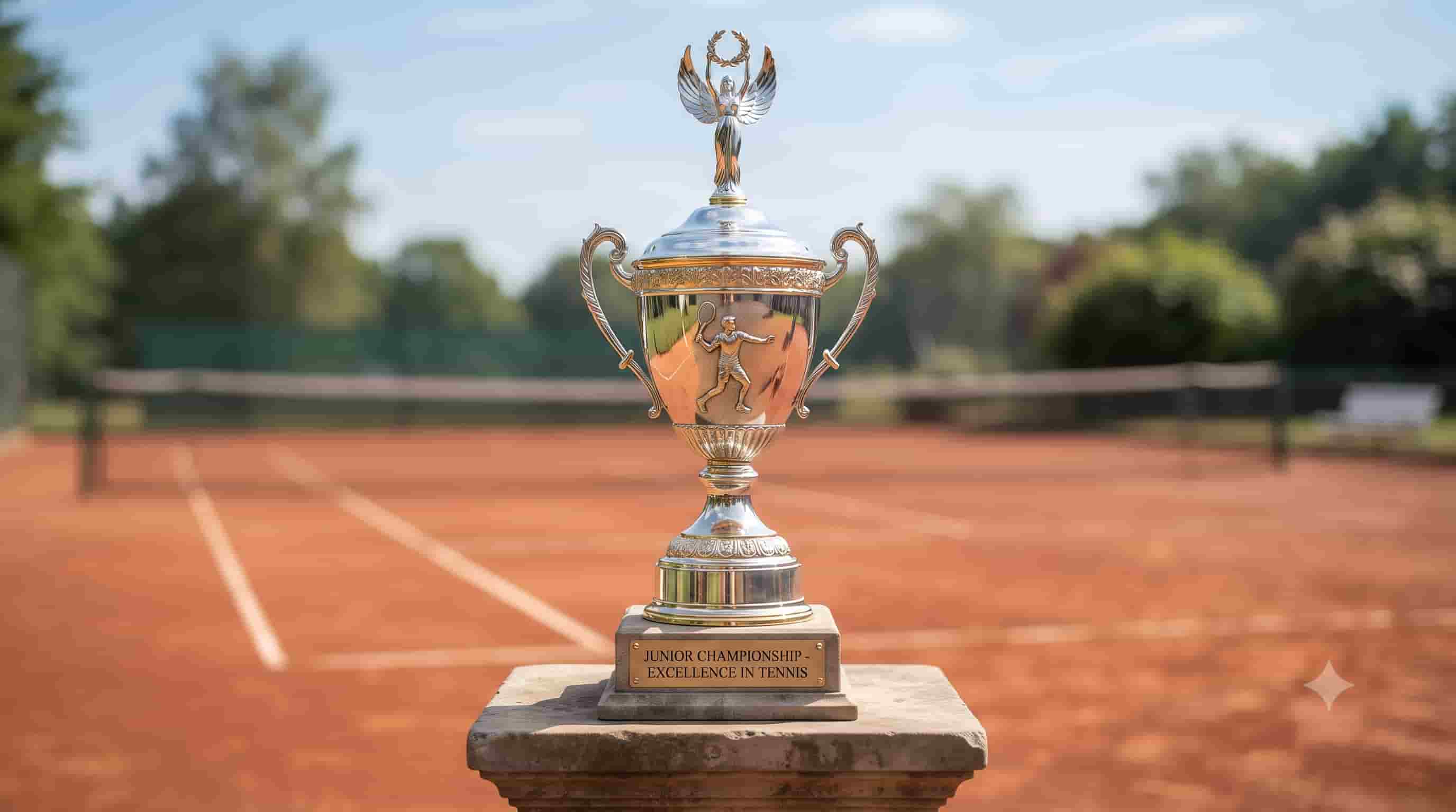 屋外のテニスコートに設置されたJUNIOR CHAMPIONSHIPのトロフィー