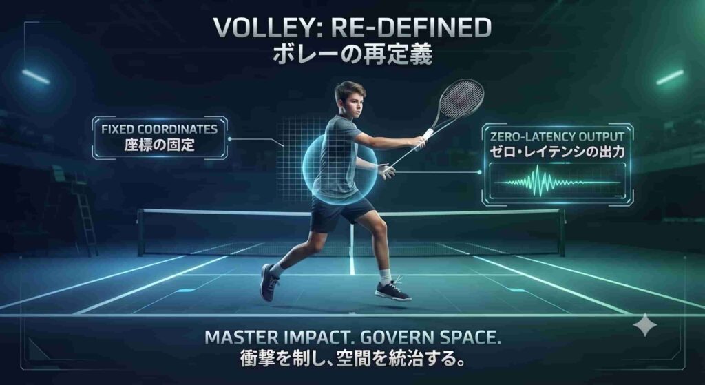 未来的なコートでボレーを打つテニス選手。データ分析のHUDが浮かび、「座標の固定」「ゼロ・レイテンシの出力」と書かれている。「衝撃を制し、空間を統治する」ための新しいボレー技術の解説記事。