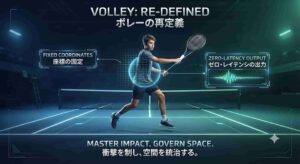 未来的なコートでボレーを打つテニス選手。データ分析のHUDが浮かび、「座標の固定」「ゼロ・レイテンシの出力」と書かれている。「衝撃を制し、空間を統治する」ための新しいボレー技術の解説記事。