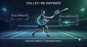 A futuristic tennis analysis graphic featuring a young male player hitting a volley. Digital overlays show data points for "FIXED COORDINATES" and "ZERO-LATENCY OUTPUT," with the text "VOLLEY: RE-DEFINED" and "MASTER IMPACT. GOVERN SPACE."